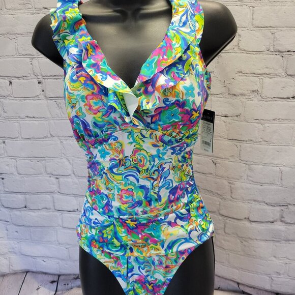 Lauren Ralph Lauren Women's Printed Ruffle Surplice Underwire One-Piece Swimsuit - Picture 1 of 6